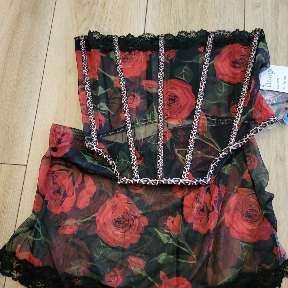 Sheer Black Rose Print Bustier Chemise - Floral Lingerie